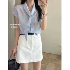批发轻熟优雅风条纹系带领短袖衬衫女2026夏季修身显瘦设计感气质上衣