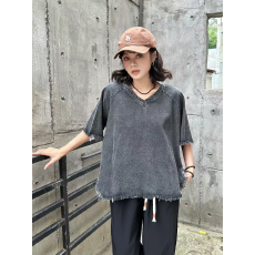 批发时尚慵懒风毛边不规则下摆<b class='q'>牛仔</b>短袖复古时尚V领做旧洗水宽松上衣