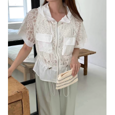 批发2026夏上新韩国东大门气质衬衫新款撞色拼接连帽时尚贴袋<b class='q'>蕾丝</b>衬衣