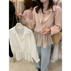 批发2026年春夏新款温柔风<b class='q'>假两件</b>雪纺<b class='q'>衬衫</b>女蕾丝拼接收腰裙摆洋气上衣