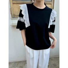 批发2026<b class='q'>韩国</b>东大门夏装新款女装圆领甜美撞色拼接花边女式<b class='q'>T</b><b class='q'>恤</b>短袖