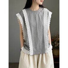 批发2026夏季新款<b class='q'>韩版</b>宽松显瘦百搭圆领拼接蕾丝花边宽松显瘦洋气短袖