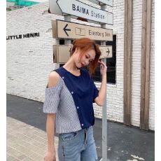 批发复古条纹拼接<b class='q'>T</b><b class='q'>恤</b>女2026年<b class='q'>韩国</b>春夏新款时尚短袖休闲宽松露肩上衣