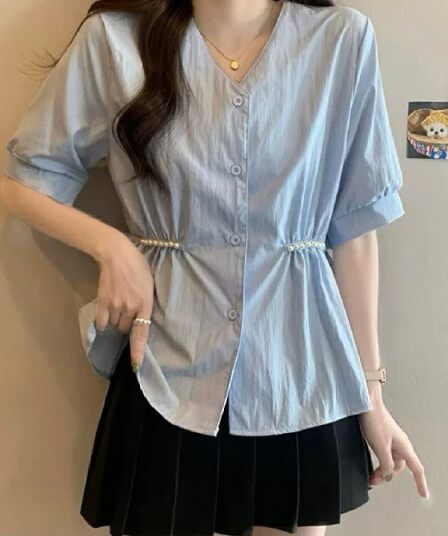 프랑스식 V넥 거품 소매 여성 셔츠 여름 새로운 자이언트 잘 생긴 ~ 중 스트랩 허리 수축 슬림해 보이는 긍정적 인 어깨 반팔 맨위