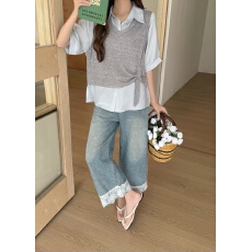 批发设计感假两件拼接正肩短袖衬衫女夏季大码胖mm显瘦减龄<b class='q'>不规则</b>上衣