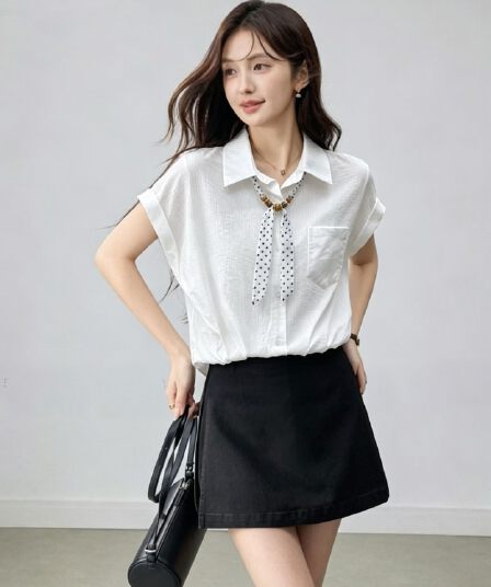도트 무늬 레이스업 스카프 반팔 여성 셔츠 2026 새로운 여름 빅 사이즈 지방 mm 슬림해 보이는 빛 럭셔리 고급 센스 맨위