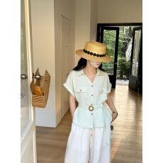 批发双口袋工装短袖衬衫女夏2026<b class='q'>大码</b>胖mm显瘦设计感系带收腰打底上衣