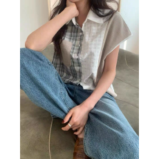 无袖衬衫女格子拼接2026夏季新款韩版设计感宽松撞色翻领背心上衣