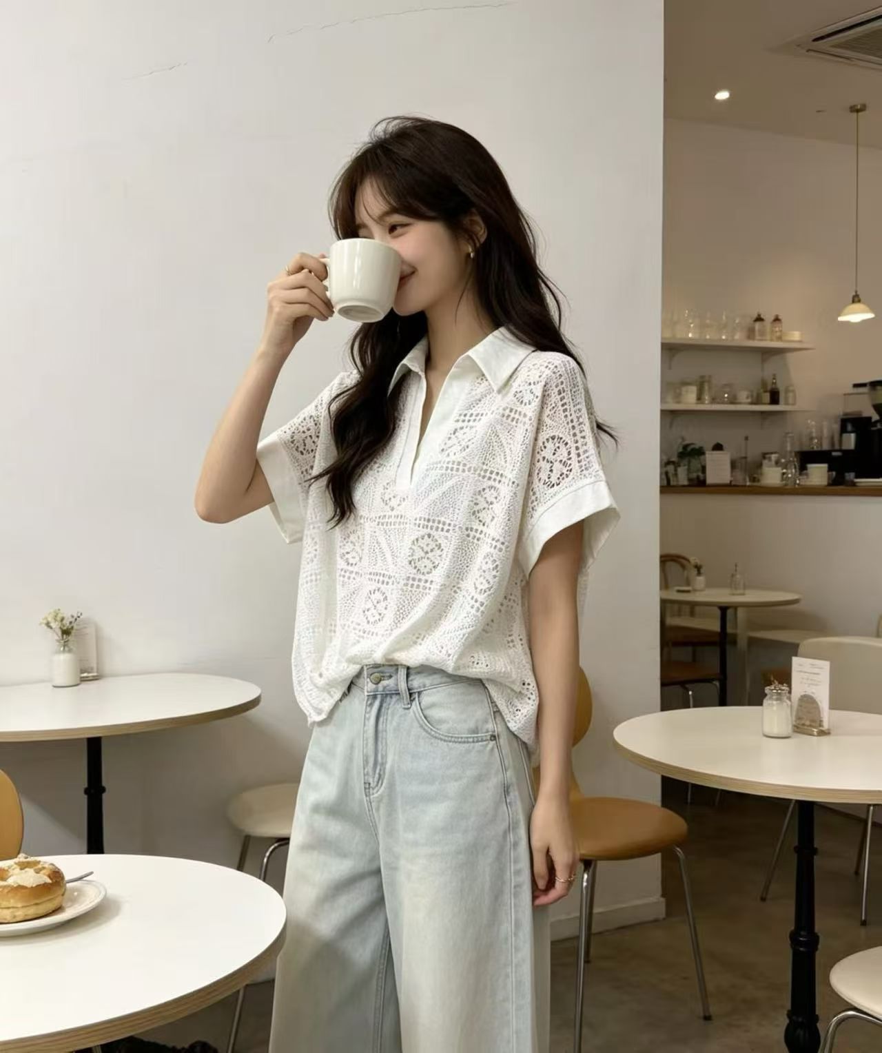 2026 한국 동대문 여름 여성 의류 새로운 폴로 칼라 홀로우 아웃 작은 청신 앞이 짧고 뒤가 길다 반팔 셔츠