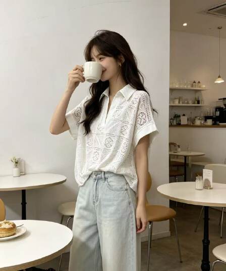 2026 한국 동대문 여름 여성 의류 새로운 폴로 칼라 홀로우 아웃 작은 청신 앞이 짧고 뒤가 길다 반팔 셔츠