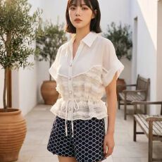 批发2026<b class='q'>韩国</b>东大门夏季女装新款翻领拼接多层木耳边系带短袖衬衫蕾丝