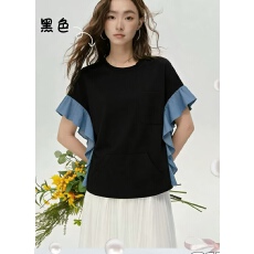 批发夏季新款<b class='q'>卫衣</b>牛仔布荷叶边飞袖撞色拼接女装上衣宽松显瘦短袖体恤