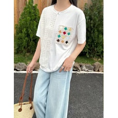 批发2026<b class='q'>韩国</b>东大门夏装新款女装圆领彩色印花贴袋拼接休闲T恤短袖