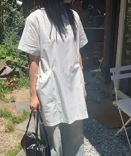 한국 chic 한국 스타일 새로운 슬림해 보이는 작은 대중 디자인 센스 출퇴근 라운드 넥 펌프 로프 빅 포켓 루즈핏 드레스 여름