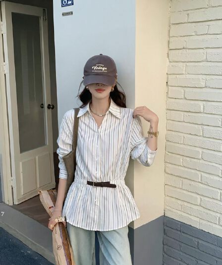 오래된 돈 바람 허리 수축 스트랩 스트라이프 여성 셔츠 조기 가을 빅 사이즈 지방 mm 슬림해 보이는 표지 고기 고급 센스 외국 가스 맨위