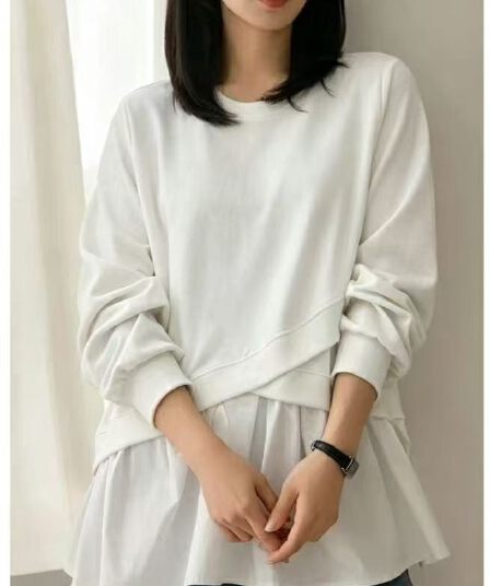 2026 가을 신제품 루즈핏 디자인 분위기 센스 착용 가져 가라. 페이크 레이어드 라운드 넥 비대칭 패치워크 긴팔 후드티 여성
