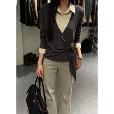 批发十三行2026秋季新款Polo领拼接假两件<b class='q'>T</b><b class='q'>恤</b>女长袖绑带收腰显瘦<b class='q'>上衣</b>