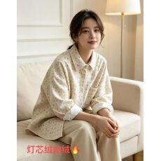 批发复古碎花磨毛长袖<b class='q'>衬衫</b>女秋季新款宽松显瘦百搭单排扣翻领加绒加厚