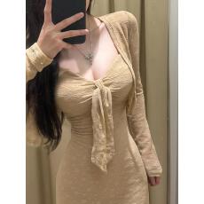 批发纯欲风辣妹带胸垫吊带连衣裙女秋季新款修身显瘦蕾丝长裙长袖开衫