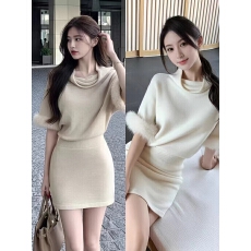 批发一字肩针织<b class='q'>连衣裙</b>女秋高级感气质纯欲性感<b class='q'>露肩</b>包臀裙子