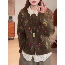 批发森系复古风花朵圆领开衫毛衣女秋冬<b class='q'>大码</b>宽松显瘦百搭软糯针织外套