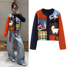 批发毛衣外套2025秋季新品童趣风景拼块毛织绞花圆领长袖<b class='q'>短</b>针织开衫女