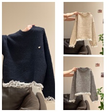 批发小兔绒长袖上衣针织衫<b class='q'>女</b>秋冬刺绣花甜美蕾丝圆领保暖毛衣