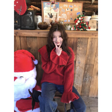 批发韩系红色新年圣诞穿搭<b class='q'>一字肩</b>毛女2025新款冬季慵懒松弛感毛线衣