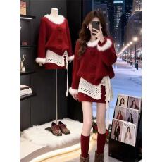 批发2025新年衣服圣诞战袍穿搭法式红色裙子+毛衣+屁帘三件套装女秋冬
