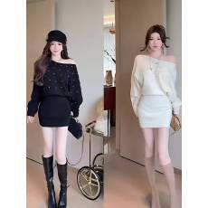 批发法式一字肩钉钻长袖针织<b class='q'>连衣裙</b>女秋季气质收腰包臀裙