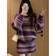 批发复古条纹风针织套装女秋冬百搭高级感毛衣裙装穿搭<b class='q'>大码</b>女装长袖