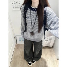 韩系复古条纹小狗刺绣毛衣女秋冬宽松慵懒风亨利领休闲针织衫上衣
