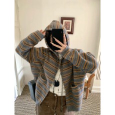 美式复古撞色条纹连帽毛衣外套女春季新款氛围感穿搭针织开衫上衣