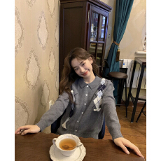批发你好卡农 撞色菱格蝴蝶结针织<b class='q'>开衫</b>女春秋新款宽松显瘦小翻领上衣
