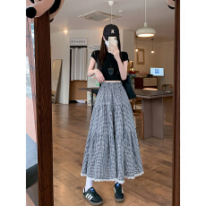 批发实拍复古格子拼接蕾丝休闲半身裙女松紧设计感复古a字蛋糕裙长裙