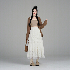 批发实拍实价温柔芭蕾风蕾丝拼接半身裙冬季仙女高腰显瘦A字垂感长裙