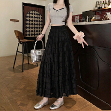 实拍韩系蛋糕裙百搭拼接半身裙a字裙中长款大摆伞裙
