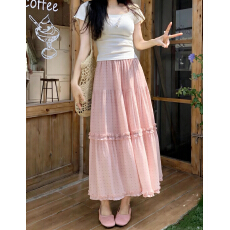 批发实拍甜美少女粉色波点木耳花边半身裙女高腰A字蛋糕裙中长款伞裙