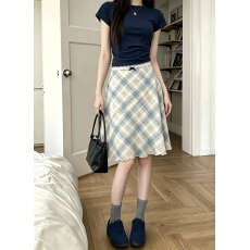 批发实拍～韩版夏季格子雪纺A字<b class='q'>半身裙</b>女中<b class='q'>长款</b>蕾丝边裙显瘦中裙子