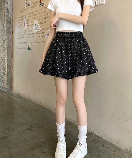 실사 여름 캐주얼 루즈핏 반바지 도트 무늬 프릴 하이웨이스트 다용도 슬림해 보이는 편안함 와이드 레그 팬츠
