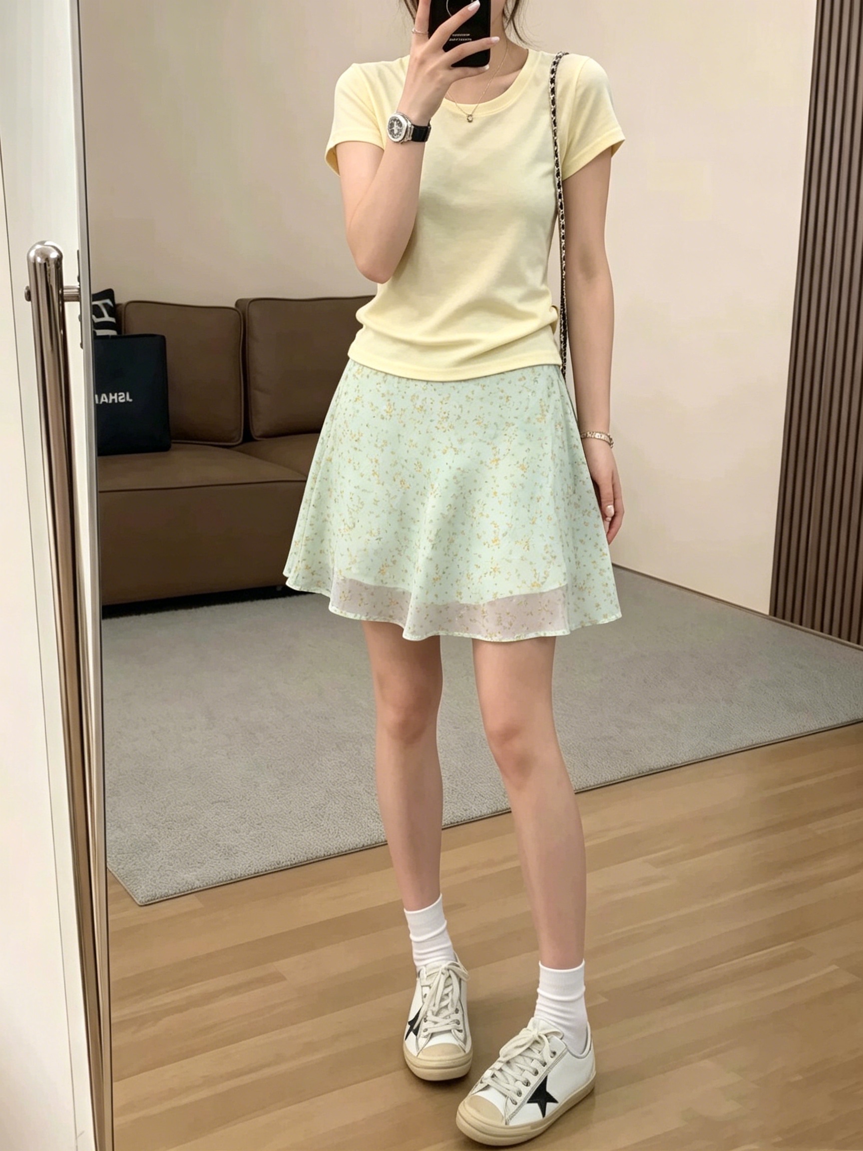 실사 한국 스타일 프랑스식 녹색 꽃무늬 하이웨이스트 a 단어 반신 스커트 여성 여름 다용도 슬림해 보이는 짧은 치마