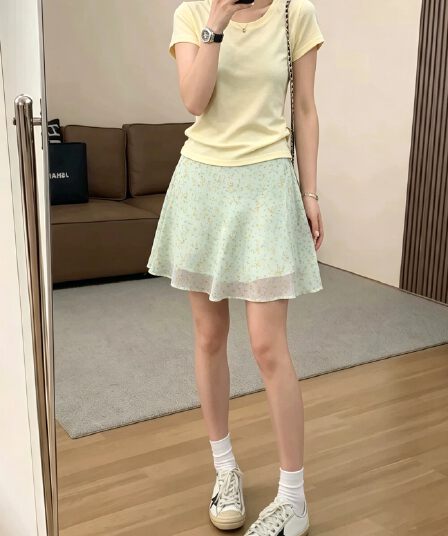 실사 한국 스타일 프랑스식 녹색 꽃무늬 하이웨이스트 a 단어 반신 스커트 여성 여름 다용도 슬림해 보이는 짧은 치마