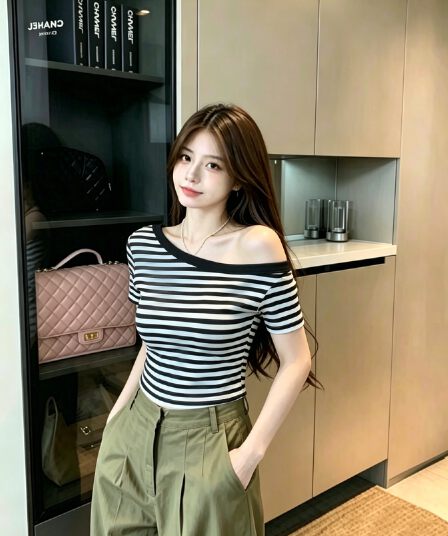 실사 여름 새로운 순수한 욕망 바람 스트라이프 프린트 패치워크 반팔 티셔츠 여성 몸매 가꾸기 맨위