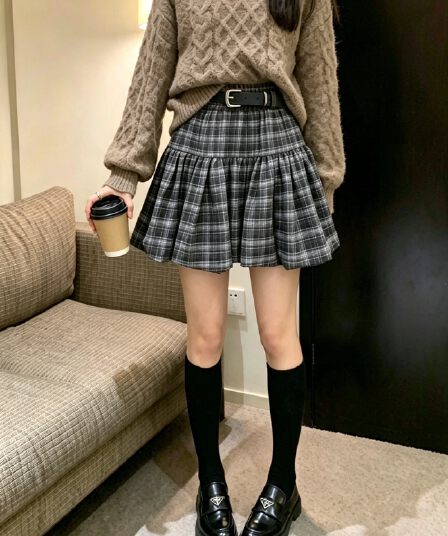 실사 체크무늬 꽃밭 여성 하이웨이스트 주름 퍼프 한 마디 인사이드 안전 바지 반신 스커트 벨트 포함