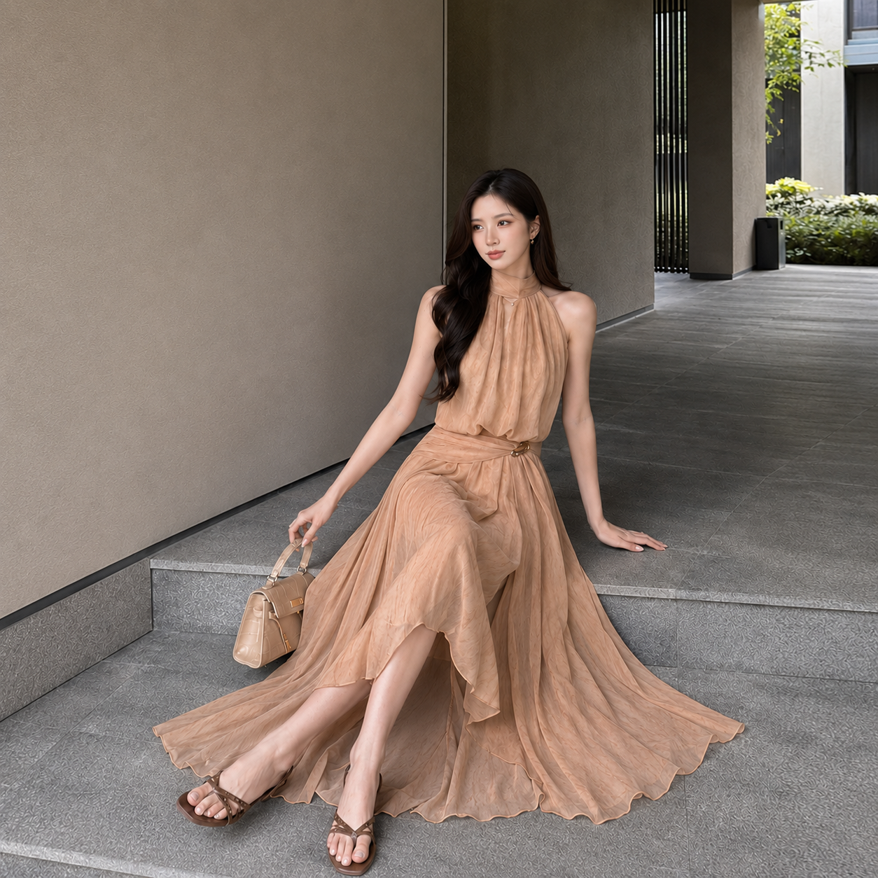 RY9415# 新中式晕染收腰无袖挂脖连衣裙女2026夏季海边度假风气质长裙