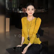 批发日系通勤风黑色V领长袖褶皱<b class='q'>衬衫女</b>显瘦单排扣短款褶皱轻透上衣