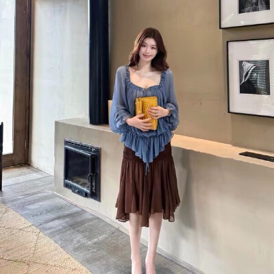 RY8306#法式荷叶边系带上衣女早秋松弛肌理感方领罩衫