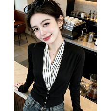 批发法式复古风简约假两件V领<b class='q'>针织</b>开衫女秋季新款收腰显瘦气质上衣潮