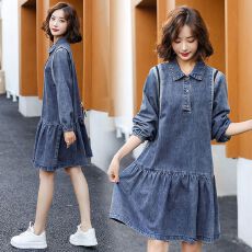 批发秋韩版宽松显瘦<b class='q'>牛仔裙</b>气质POLO领连衣裙女