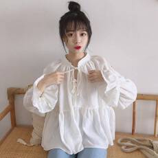 批发长袖白衬衫女2025早秋新款<b class='q'>韩版</b>学生娃娃领宽松小衫宽松上衣设计感